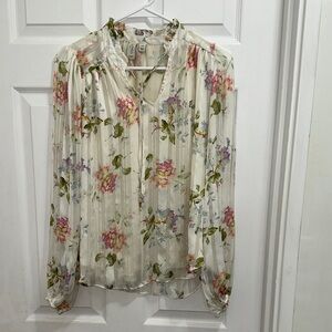 Joie Floral Tie-Neck Pleated Blouse - Cream with Pink & Green